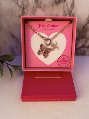 Juicy Couture Butterfly Necklace Gold Tone Pink Crystal Charm 18”